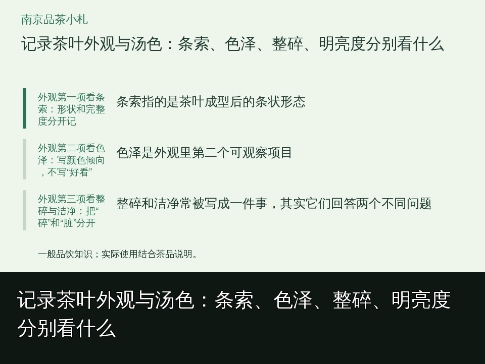 记录茶叶外观与汤色：条索、色泽、整碎、明亮度分别看什么的知识要点示意图