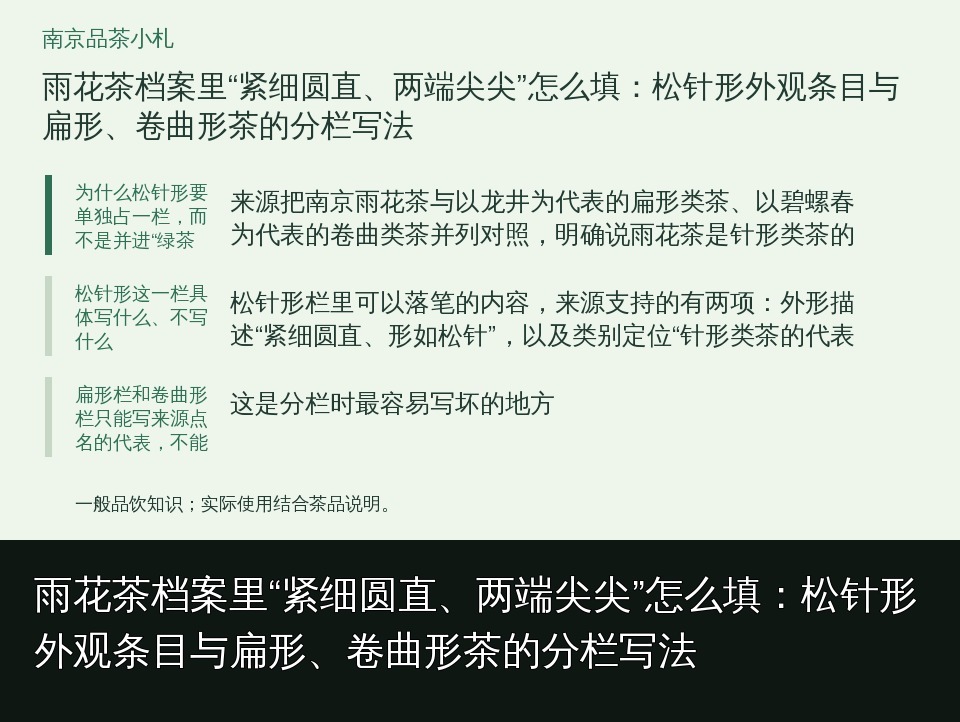 雨花茶档案里“紧细圆直、两端尖尖”怎么填：松针形外观条目与扁形、卷曲形茶的分栏写法的知识要点示意图