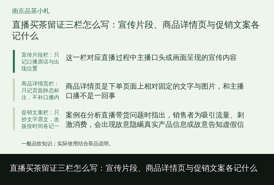 直播买茶留证三栏怎么写：宣传片段、商品详情页与促销文案各记什么的知识要点示意图